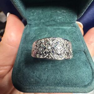Ring Silver Rhodium Plated & Crystal Band Detailed Size 8